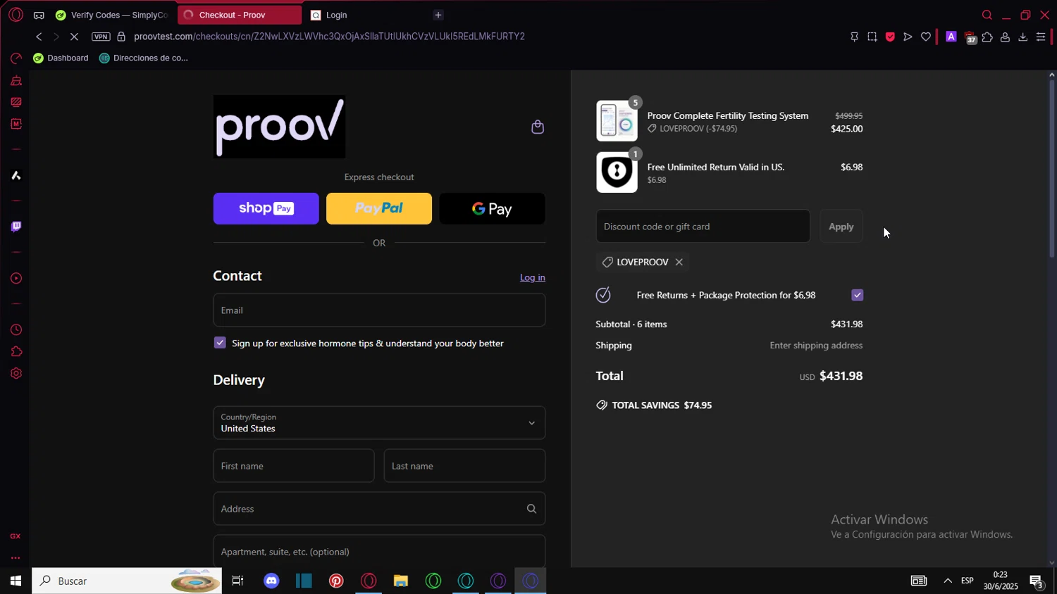 Proov Test discount code screenshot showing code LOVEPROOV applied at Proov Test checkout page. Uploaded by SimplyCodes community member PromoTitan6888 on Jun 30, 2025
