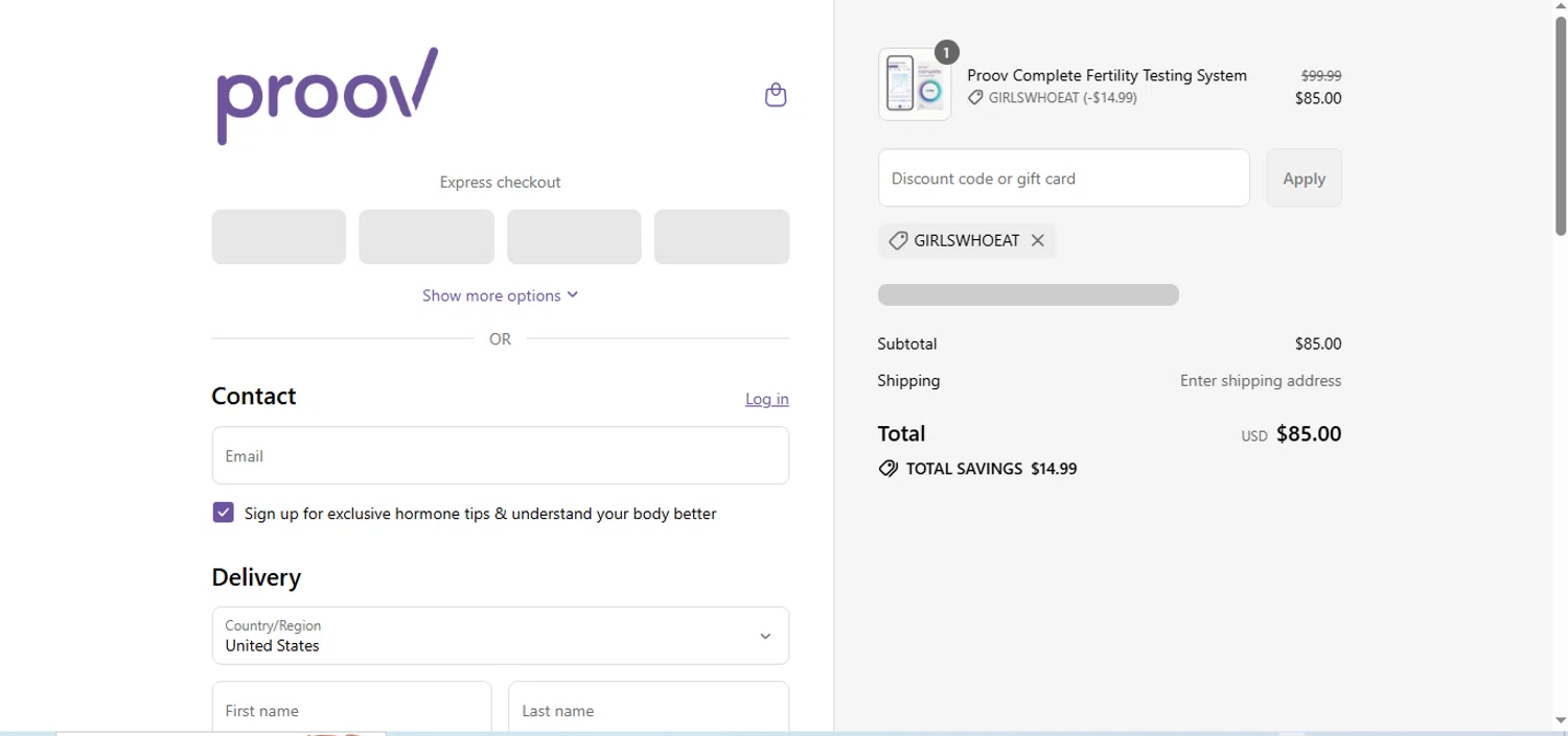 Proov Test discount code screenshot showing code GIRLSWHOEAT applied at Proov Test checkout page. Uploaded by SimplyCodes community member shark12 on Jul 20, 2025