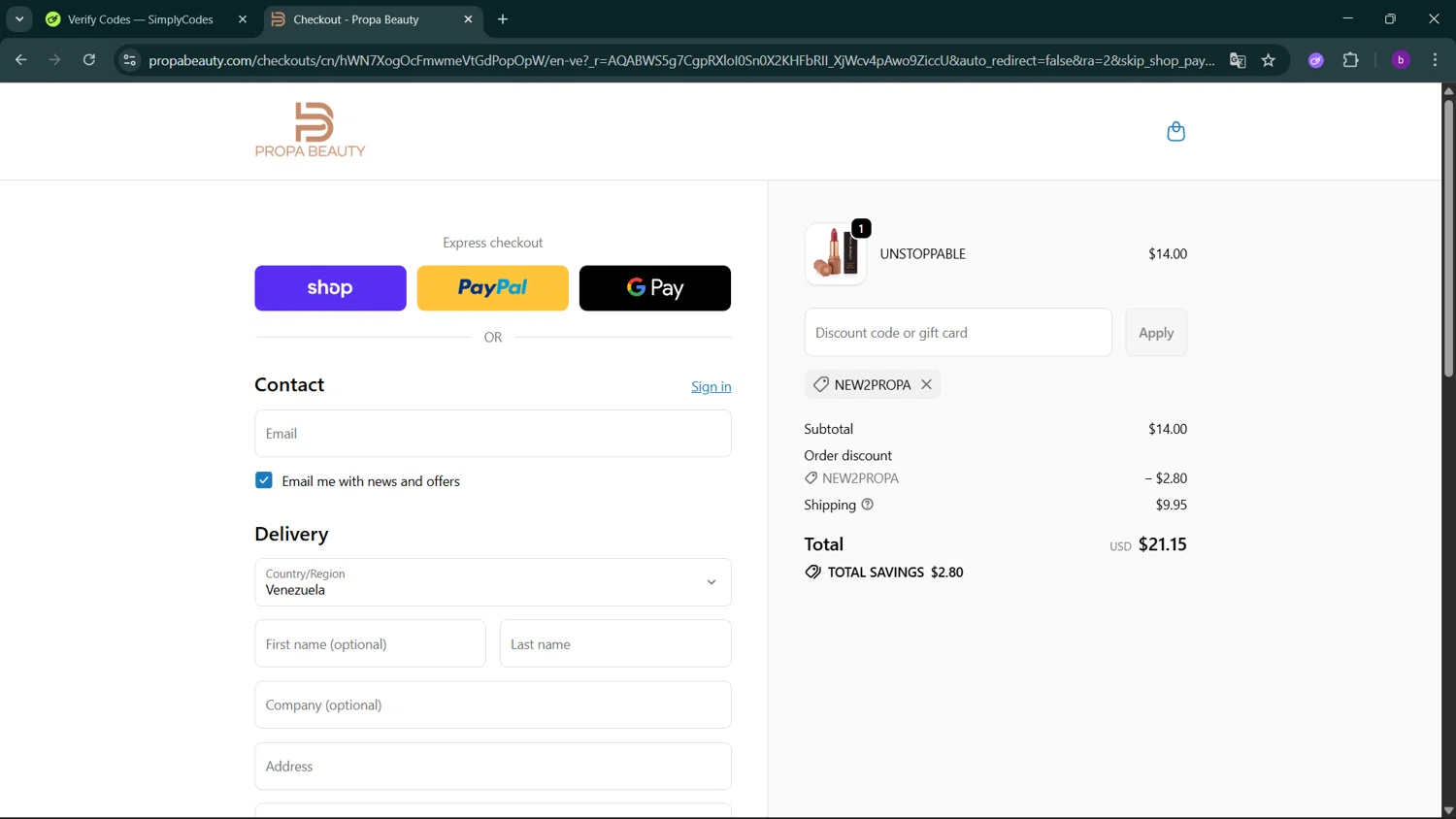 Propa Beauty promo code screenshot showing code NEW2PROPA applied at Propa Beauty checkout page. Uploaded by SimplyCodes community member RoyalSleuth2430 on Jan 13, 2026