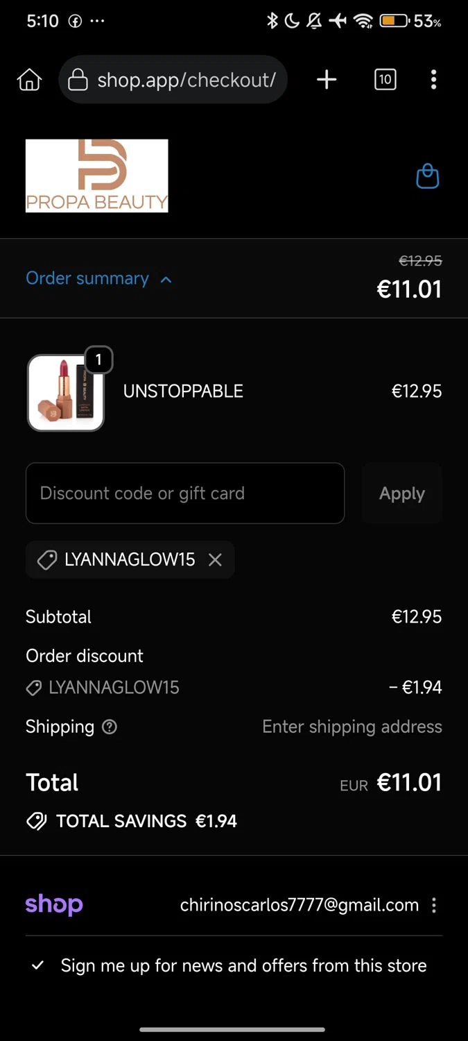 Propa Beauty promo code screenshot showing code LYANNAGLOW15 applied at Propa Beauty checkout page. Uploaded by SimplyCodes community member Enmanuel17 on Sep 25, 2025