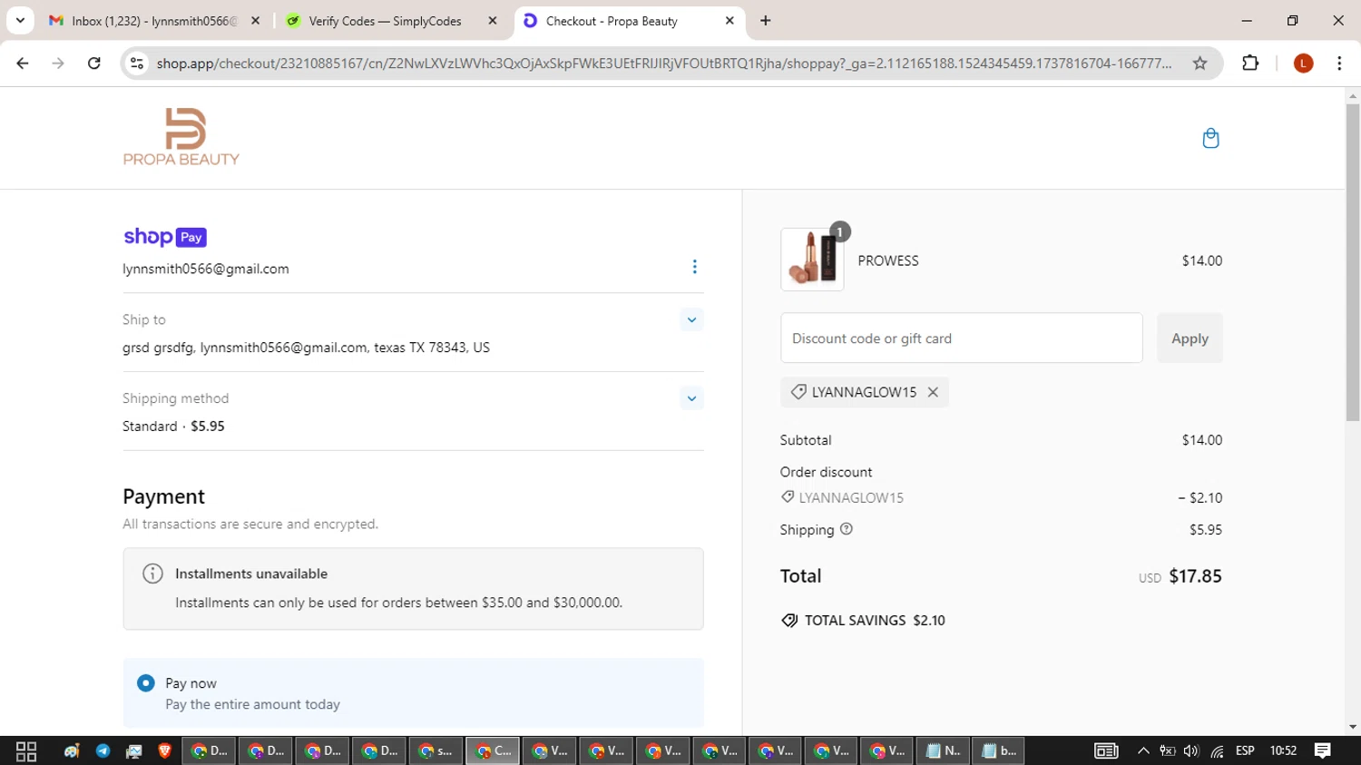 Propa Beauty promo code screenshot showing code LYANNAGLOW15 applied at Propa Beauty checkout page. Uploaded by SimplyCodes community member BonusHero9692 on Jan 25, 2025