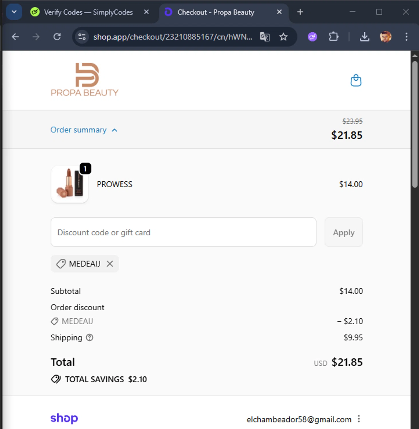 Propa Beauty promo code screenshot showing code MEDEAIJ applied at Propa Beauty checkout page. Uploaded by SimplyCodes community member ElAuronPlay on Nov 9, 2025