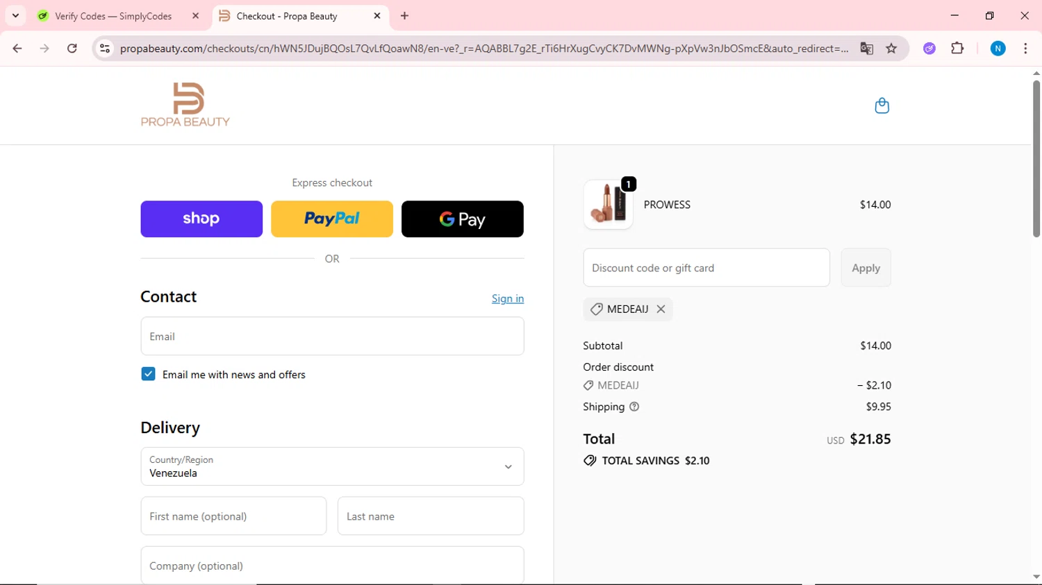 Propa Beauty promo code screenshot showing code MEDEAIJ applied at Propa Beauty checkout page. Uploaded by SimplyCodes community member QuestOwl6398 on Nov 15, 2025