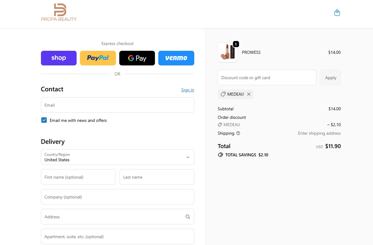 Propa Beauty promo code screenshot showing code MEDEAIJ applied at Propa Beauty checkout page. Uploaded by SimplyCodes community member ThriftyShopper3669 on Nov 15, 2025
