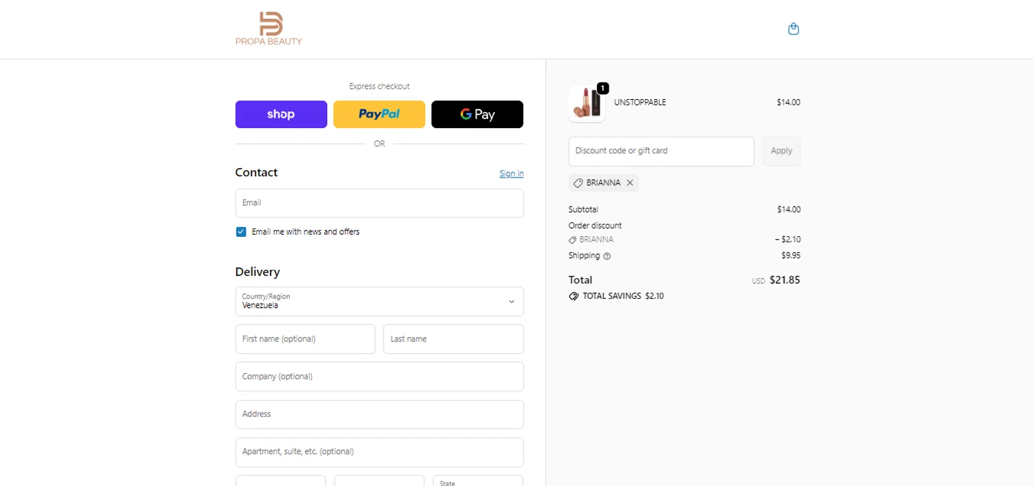 Propa Beauty promo code screenshot showing code BRIANNA applied at Propa Beauty checkout page. Uploaded by SimplyCodes community member BonusCollector7885 on Nov 30, 2025