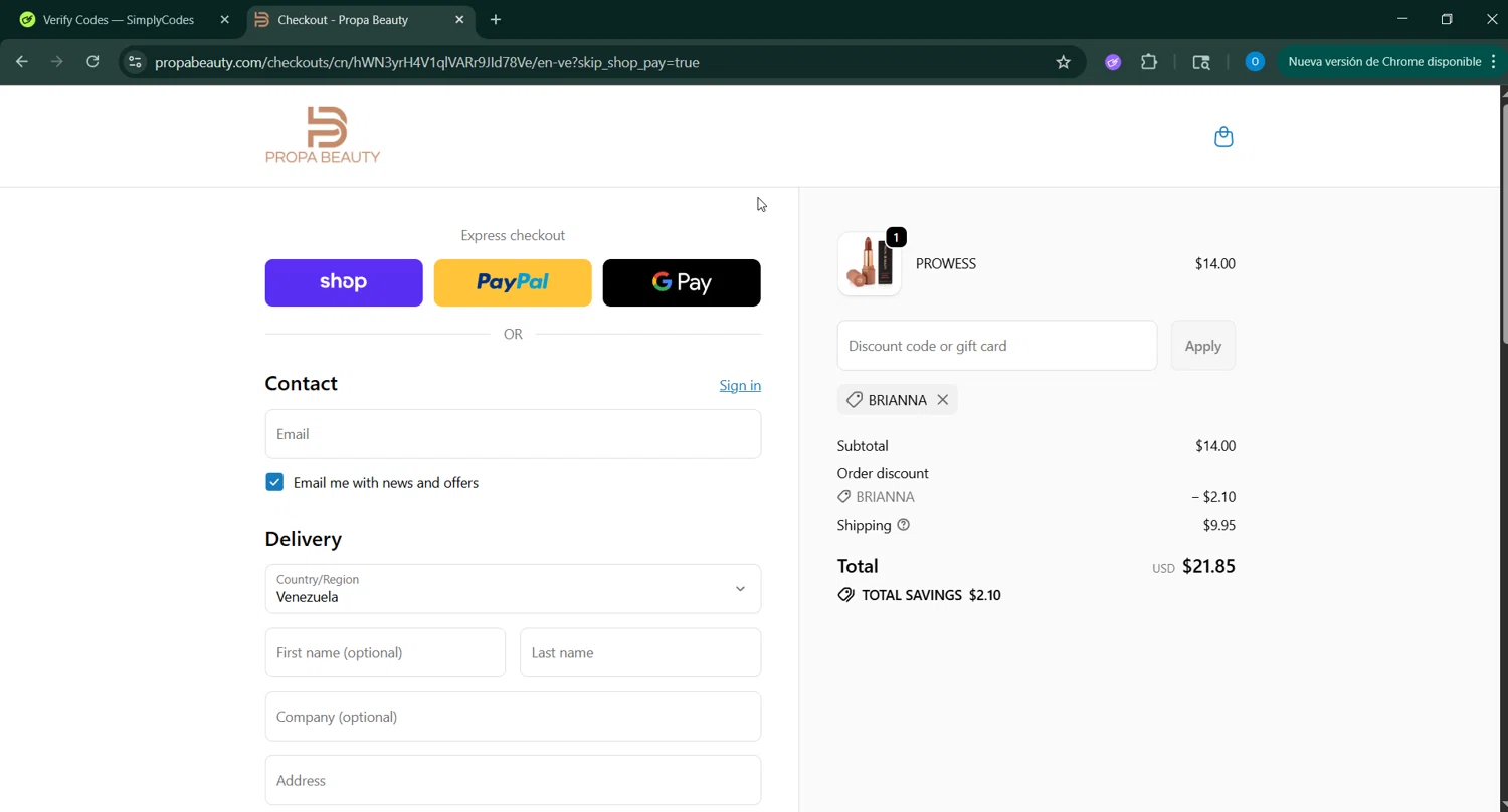 Propa Beauty promo code screenshot showing code BRIANNA applied at Propa Beauty checkout page. Uploaded by SimplyCodes community member GoldAdmiral5202 on Oct 11, 2025