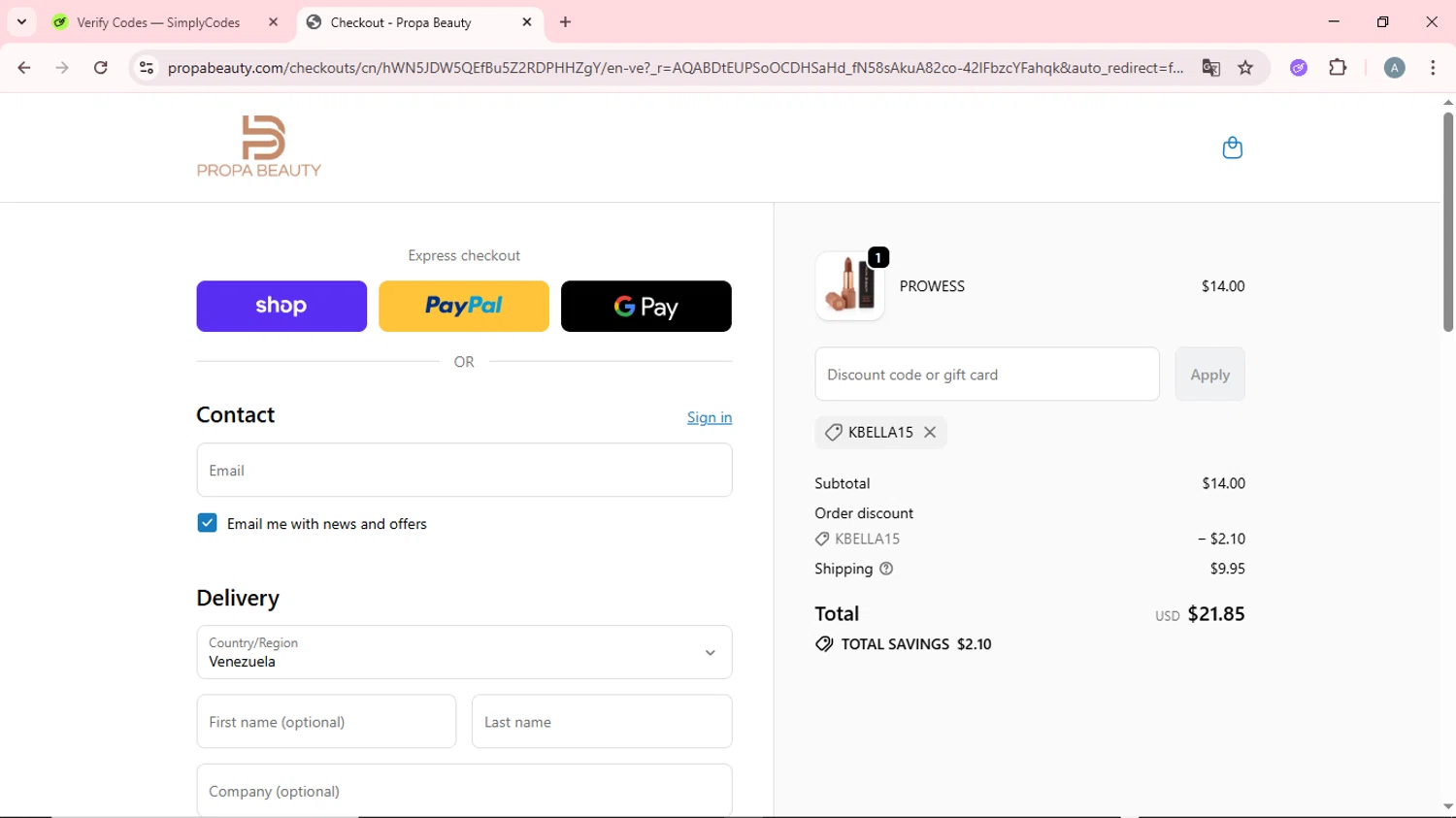 Propa Beauty promo code screenshot showing code KBELLA15 applied at Propa Beauty checkout page. Uploaded by SimplyCodes community member CrownSpotter6947 on Nov 15, 2025