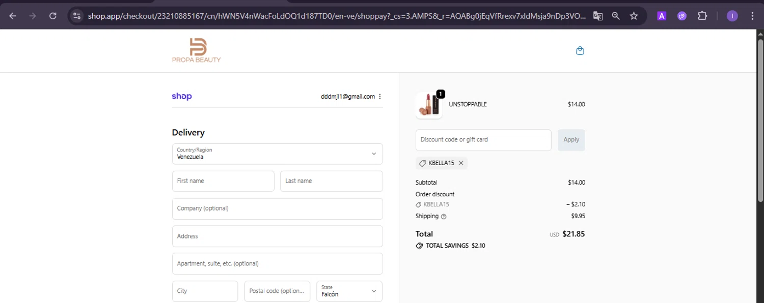 Propa Beauty promo code screenshot showing code KBELLA15 applied at Propa Beauty checkout page. Uploaded by SimplyCodes community member joineds on Nov 20, 2025