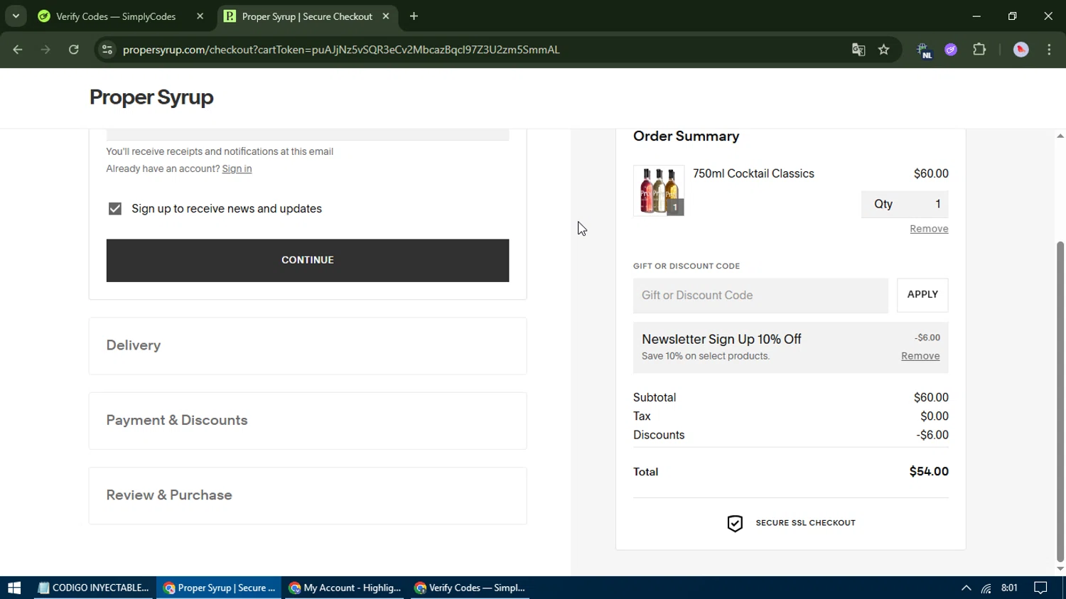 Proper Syrups promo code screenshot showing code WELCOMETOPROPER applied at Proper Syrups checkout page. Uploaded by SimplyCodes community member TreasureCurator3039 on Aug 25, 2025