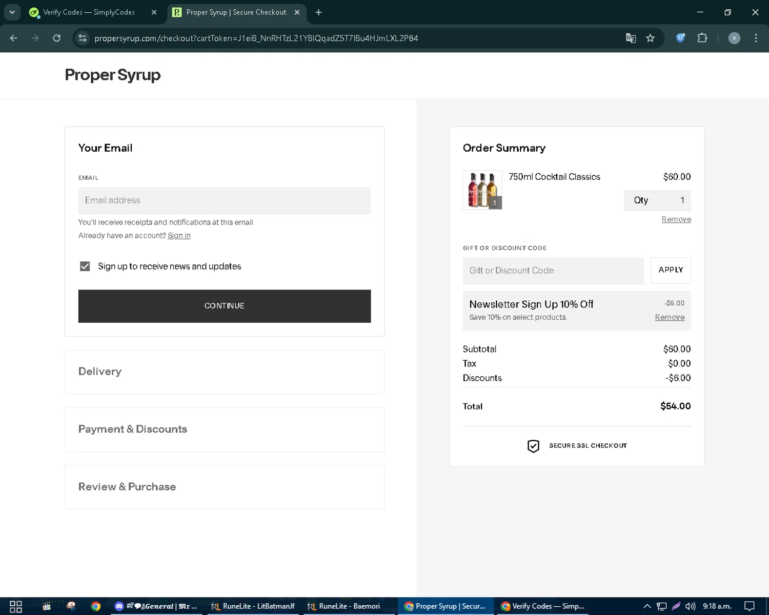Proper Syrups promo code screenshot showing code WELCOMETOPROPER applied at Proper Syrups checkout page. Uploaded by SimplyCodes community member charmander589 on Sep 23, 2025