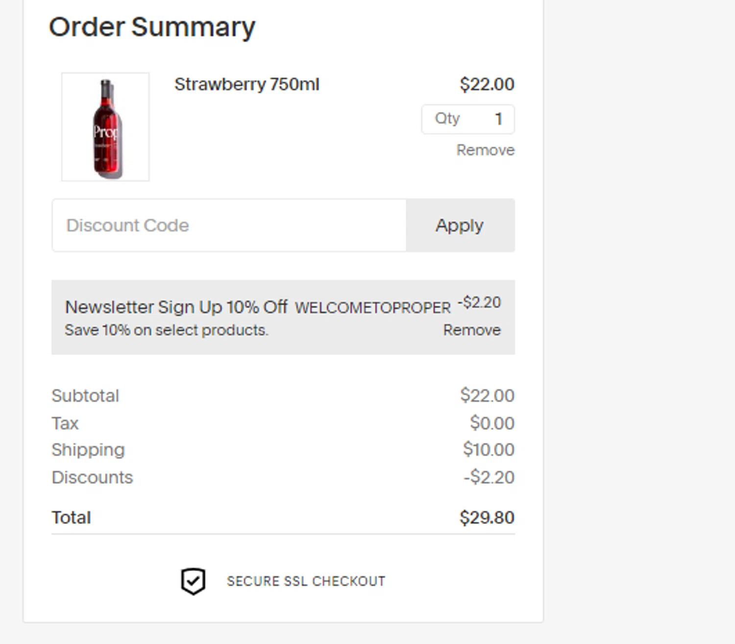 Proper Syrups checkout page showing Proper Syrups promo code box | Screenshot taken by SimplyCodes community member on Nov 23, 2024