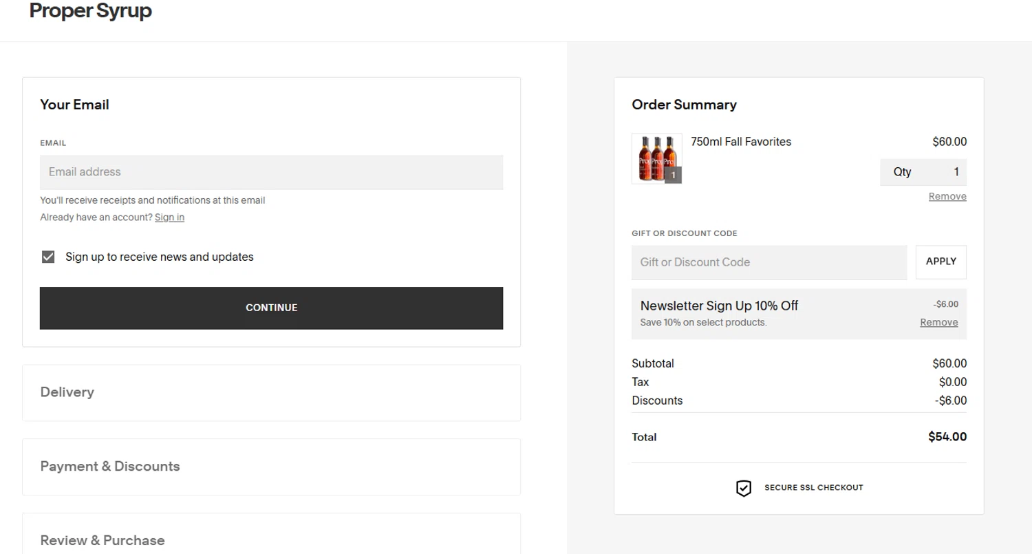 Proper Syrups promo code screenshot showing code WELCOMETOPROPER applied at Proper Syrups checkout page. Uploaded by SimplyCodes community member jenifferalvarez on Oct 22, 2025