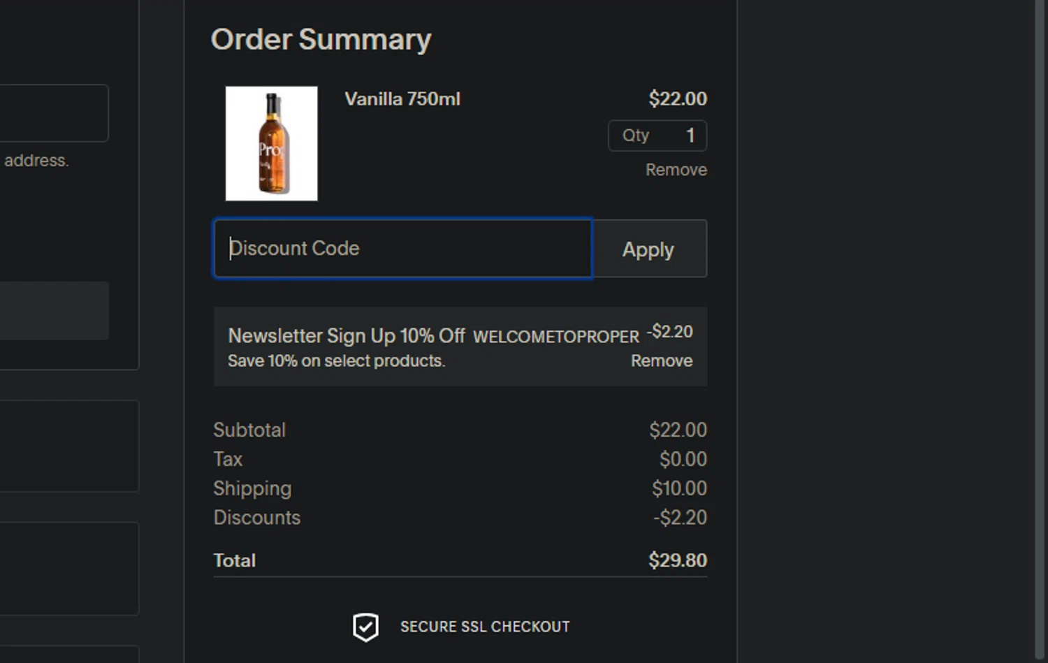 Proper Syrups checkout page showing Proper Syrups promo code box | Screenshot taken by SimplyCodes community member on Jan 20, 2025