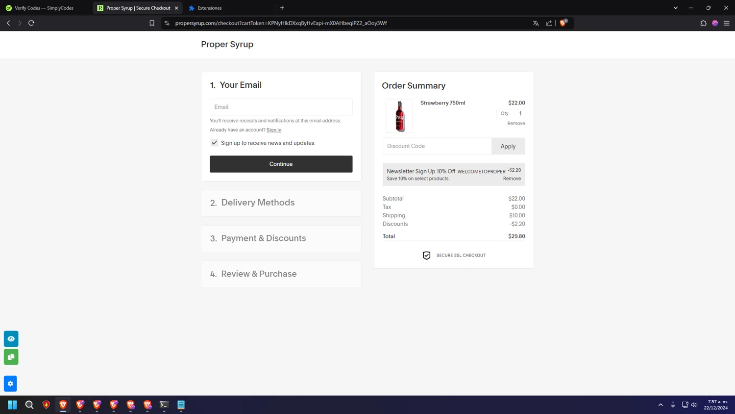 Proper Syrups checkout page showing Proper Syrups promo code box | Screenshot taken by SimplyCodes community member on Dec 22, 2024