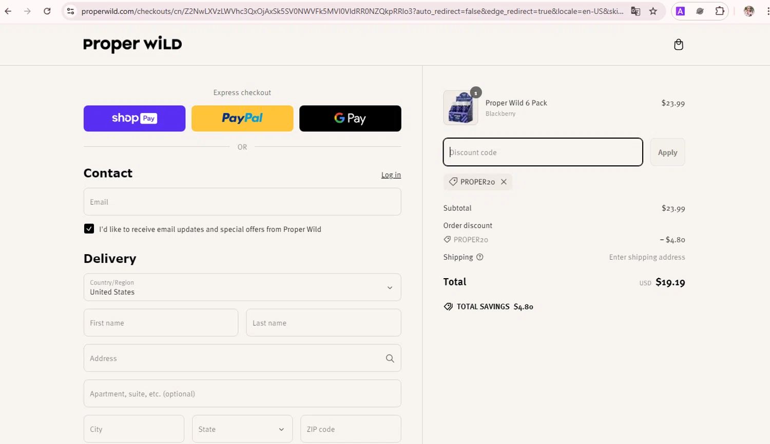 Proper Wild discount code screenshot showing code PROPER20 applied at Proper Wild checkout page. Uploaded by SimplyCodes community member Turiderss on Mar 7, 2025