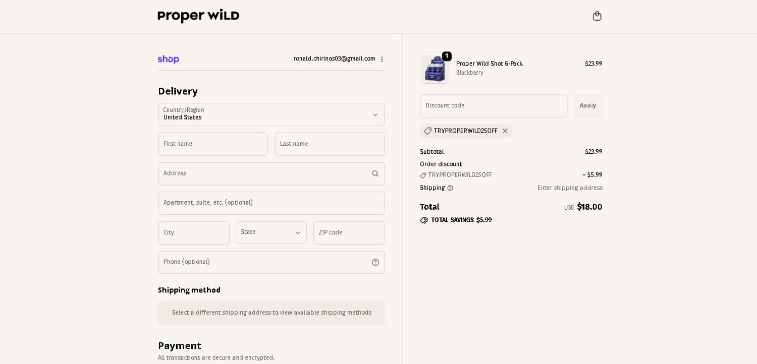 Proper Wild discount code screenshot showing code TRYPROPERWILD25OFF applied at Proper Wild checkout page. Uploaded by SimplyCodes community member BrilliantTitan7739 on Dec 29, 2025