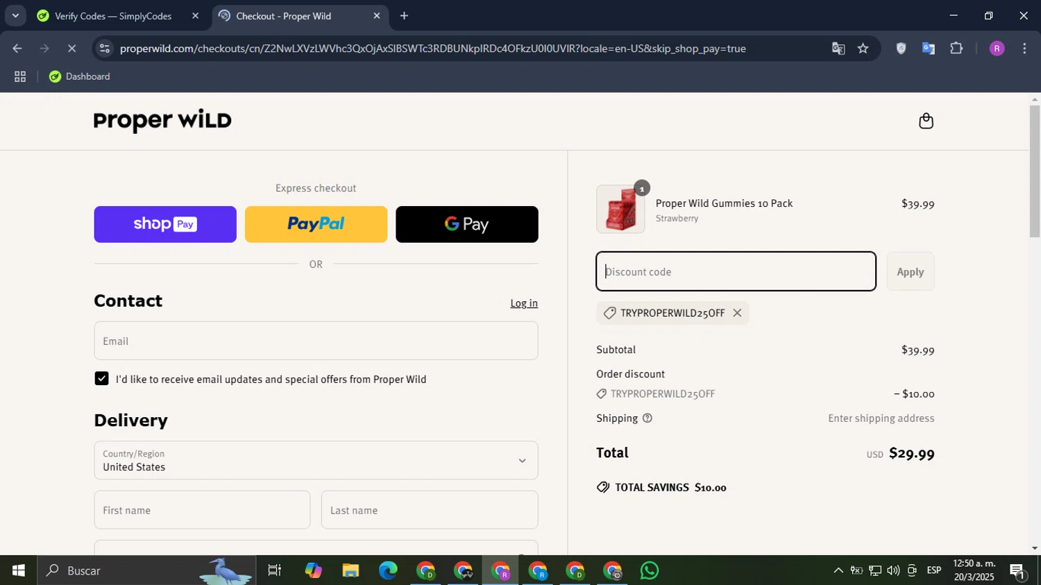 Proper Wild discount code screenshot showing code TRYPROPERWILD25OFF applied at Proper Wild checkout page. Uploaded by SimplyCodes community member Datacodes on Mar 20, 2025
