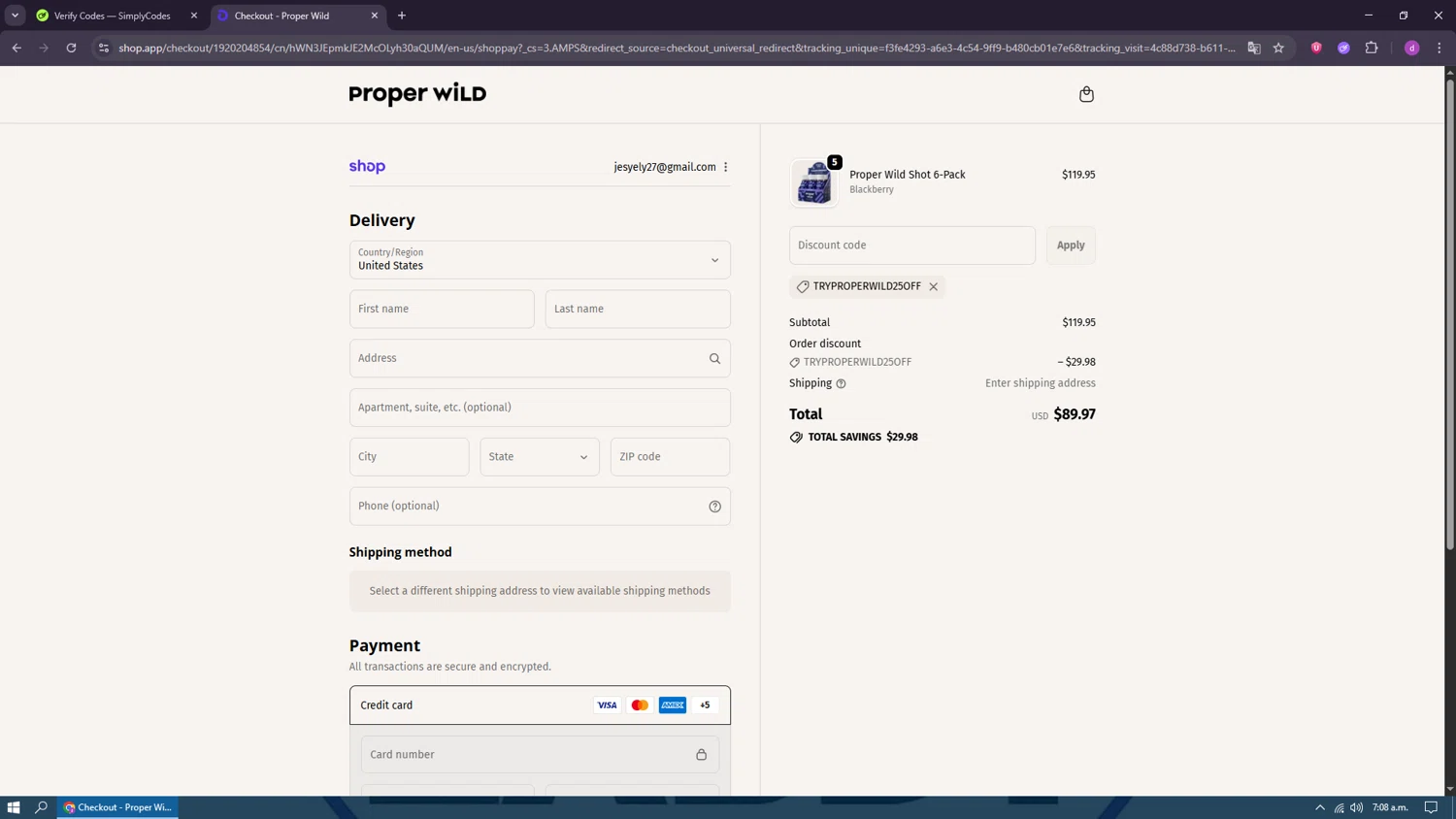 Proper Wild discount code screenshot showing code TRYPROPERWILD25OFF applied at Proper Wild checkout page. Uploaded by SimplyCodes community member LuckyFalcon7333 on Oct 6, 2025