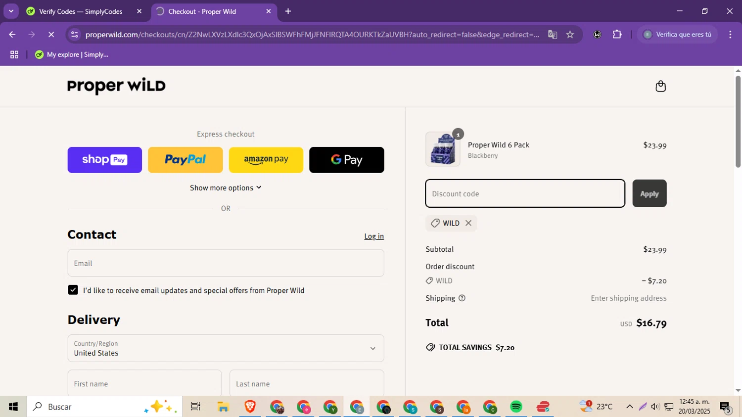 Proper Wild discount code screenshot showing code WILD applied at Proper Wild checkout page. Uploaded by SimplyCodes community member MoneySeeker8573 on Mar 20, 2025