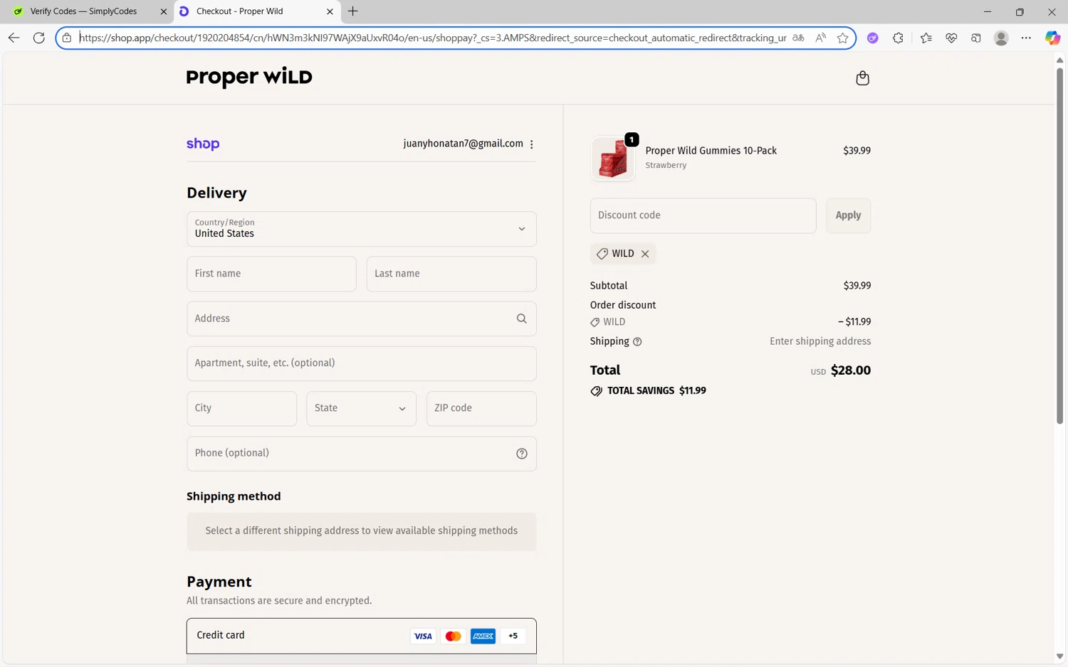 Proper Wild discount code screenshot showing code WILD applied at Proper Wild checkout page. Uploaded by SimplyCodes community member juan1702 on Oct 5, 2025