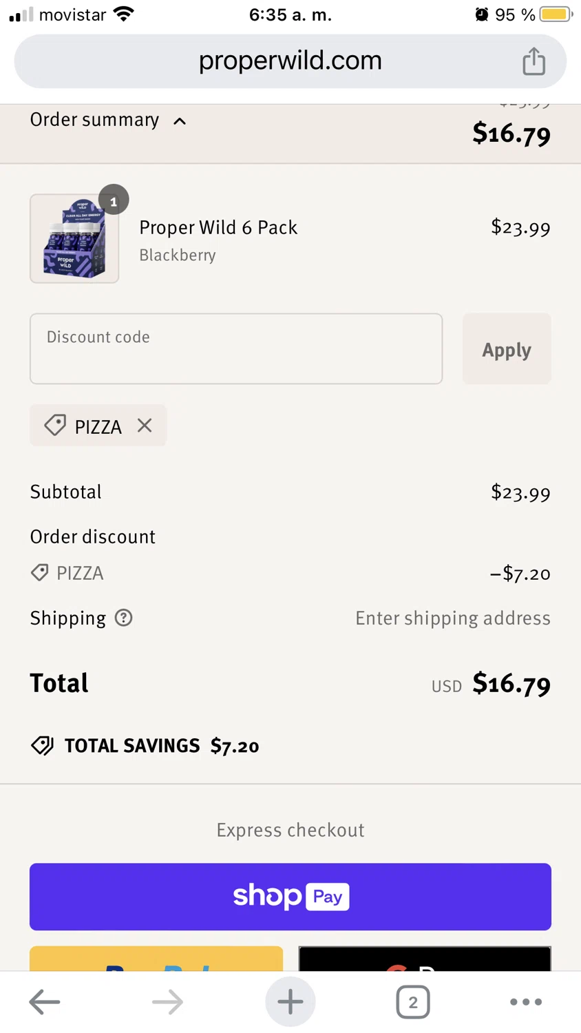 Proper Wild discount code screenshot showing code PIZZA applied at Proper Wild checkout page. Uploaded by SimplyCodes community member ABHF23 on Jan 12, 2025