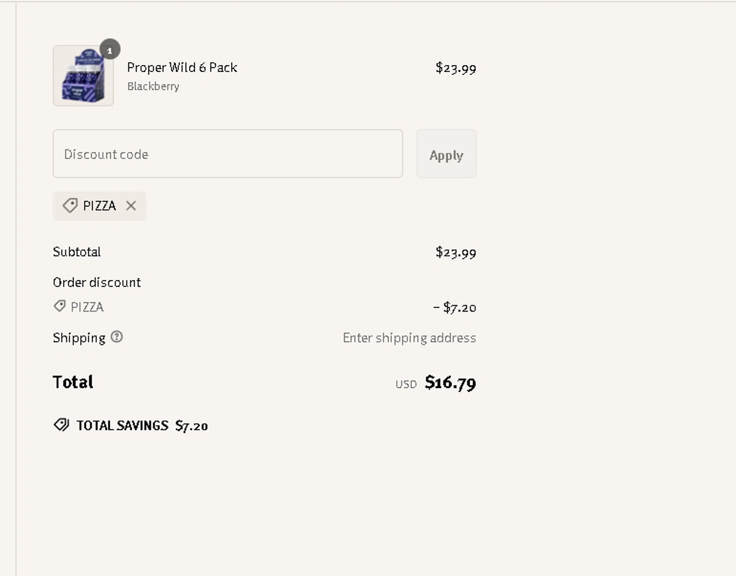 Proper Wild discount code screenshot showing code PIZZA applied at Proper Wild checkout page. Uploaded by SimplyCodes community member Netheryno on Feb 10, 2025