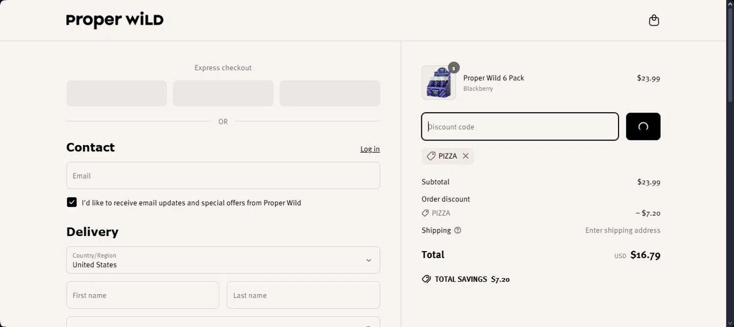 Proper Wild discount code screenshot showing code PIZZA applied at Proper Wild checkout page. Uploaded by SimplyCodes community member Santi_ago on Apr 5, 2025