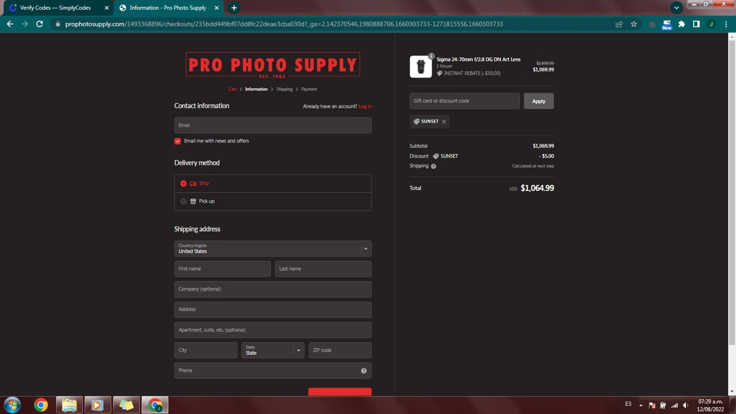 Pro Photo Supply checkout page showing Pro Photo Supply promo code box | Screenshot taken by SimplyCodes community member on Aug 12, 2022