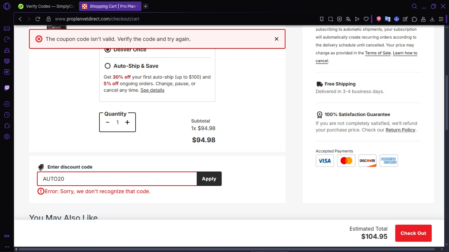 Pro Plan Vet Direct promo code screenshot showing code AUTO20 applied at Pro Plan Vet Direct checkout page. Uploaded by SimplyCodes community member RewardLion134 on Nov 10, 2025