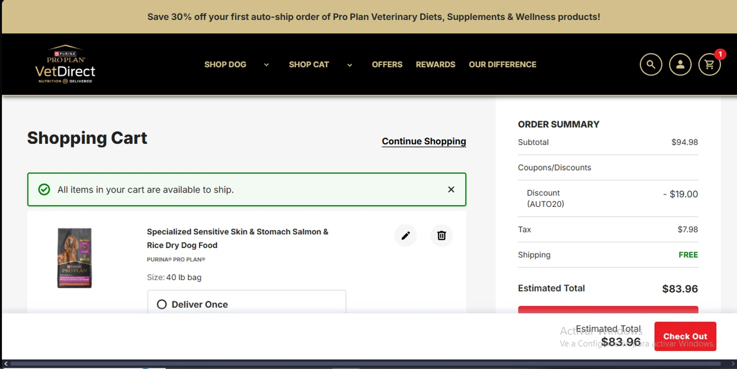 Pro Plan Vet Direct promo code screenshot showing code AUTO20 applied at Pro Plan Vet Direct checkout page. Uploaded by SimplyCodes community member RewardLynx9164 on Oct 14, 2025