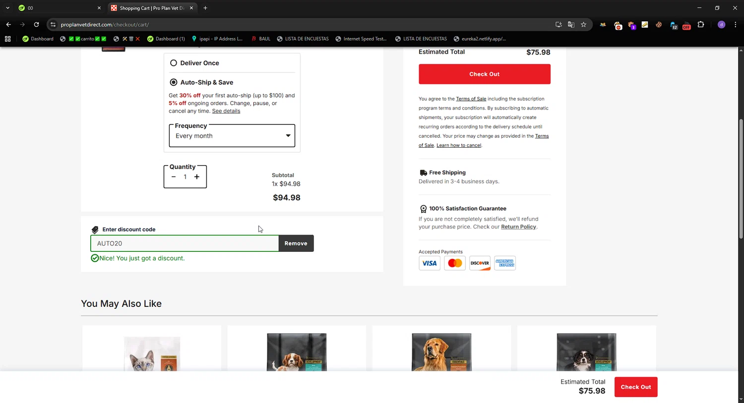 Pro Plan Vet Direct checkout page showing Pro Plan Vet Direct promo code box | Screenshot taken by SimplyCodes community member on Sep 3, 2025