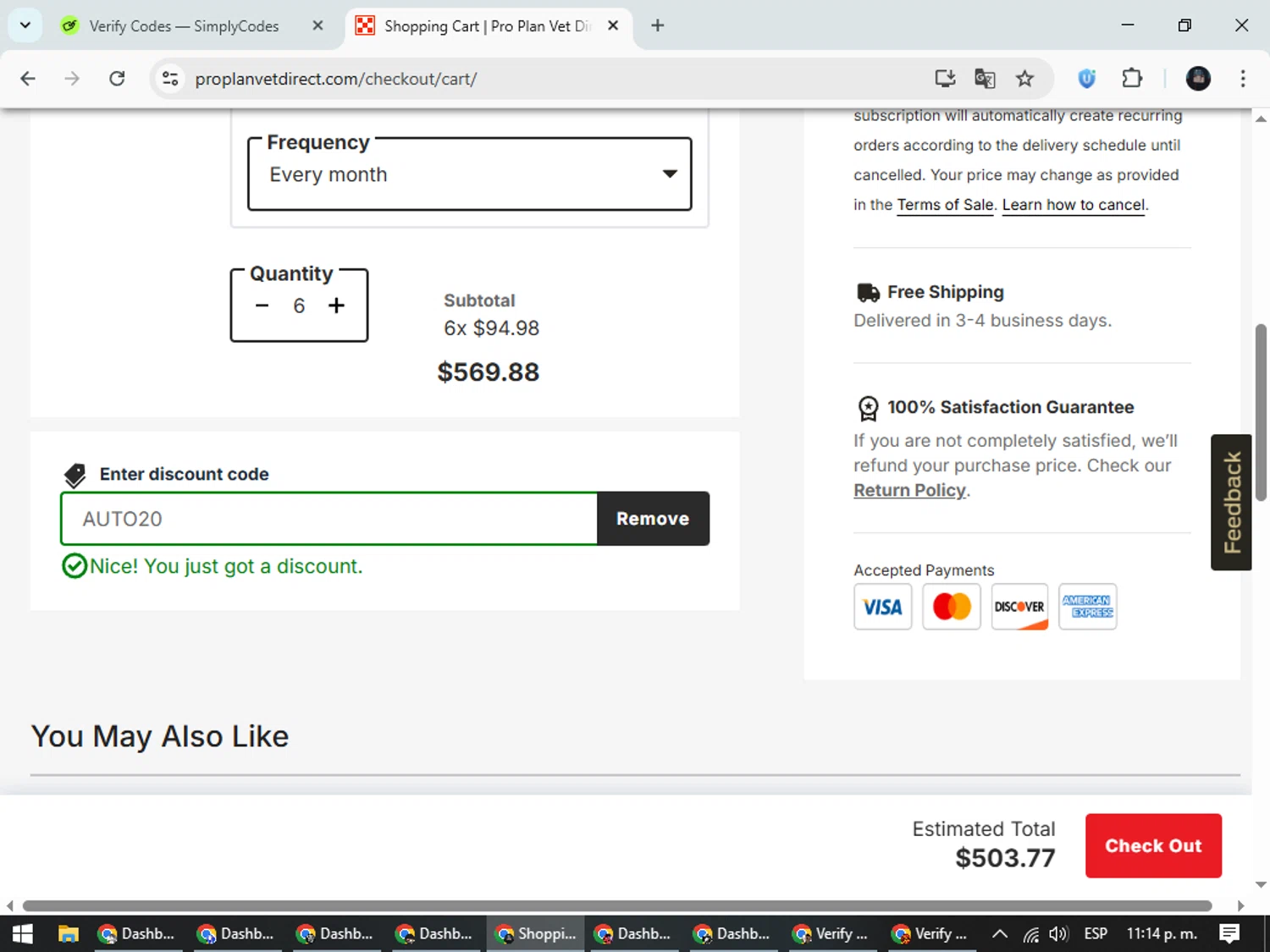 Pro Plan Vet Direct promo code screenshot showing code AUTO20 applied at Pro Plan Vet Direct checkout page. Uploaded by SimplyCodes community member ValueElite5945 on Oct 26, 2025