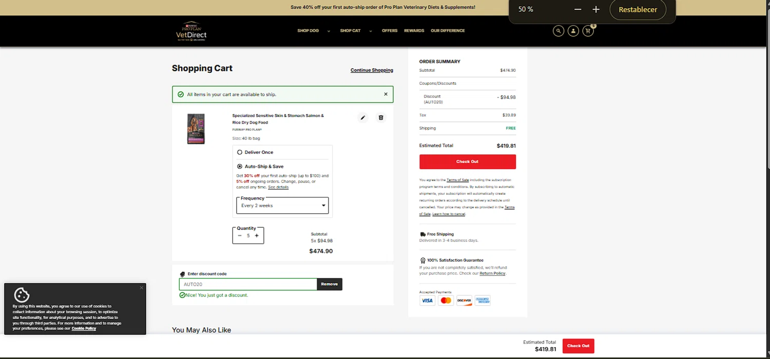 Pro Plan Vet Direct checkout page showing Pro Plan Vet Direct promo code box | Screenshot taken by SimplyCodes community member on Sep 3, 2025