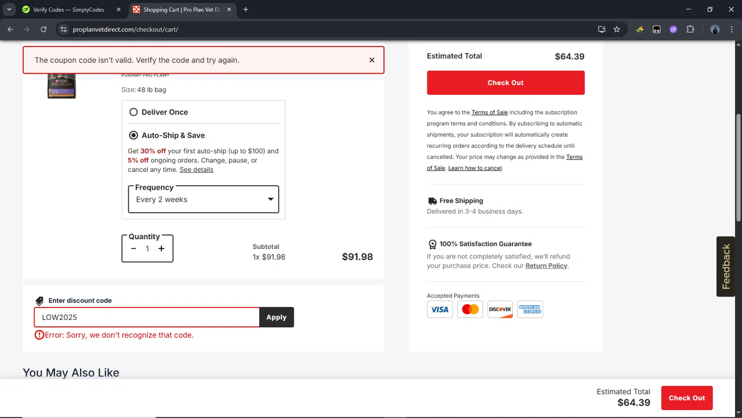 Pro Plan Vet Direct promo code screenshot showing code LOW2025 applied at Pro Plan Vet Direct checkout page. Uploaded by SimplyCodes community member Time_sin_filtro on Jul 2, 2025