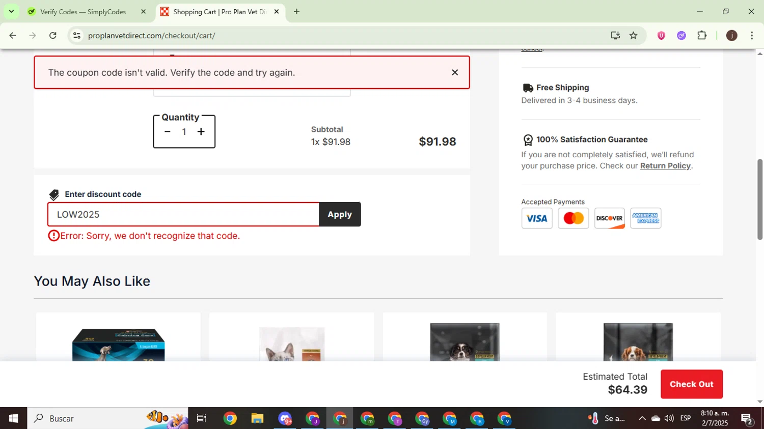 Pro Plan Vet Direct promo code screenshot showing code LOW2025 applied at Pro Plan Vet Direct checkout page. Uploaded by SimplyCodes community member WonderEagle9833 on Jul 2, 2025