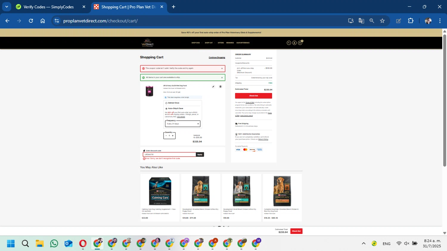 Pro Plan Vet Direct promo code screenshot showing code URSAVE10 applied at Pro Plan Vet Direct checkout page. Uploaded by SimplyCodes community member DavidMGF on Jul 31, 2025