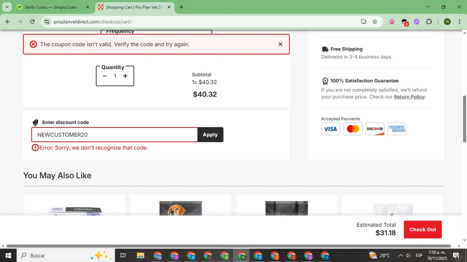 Pro Plan Vet Direct promo code screenshot showing code NEWCUSTOMER20 applied at Pro Plan Vet Direct checkout page. Uploaded by SimplyCodes community member CoinSage7057 on Nov 18, 2025