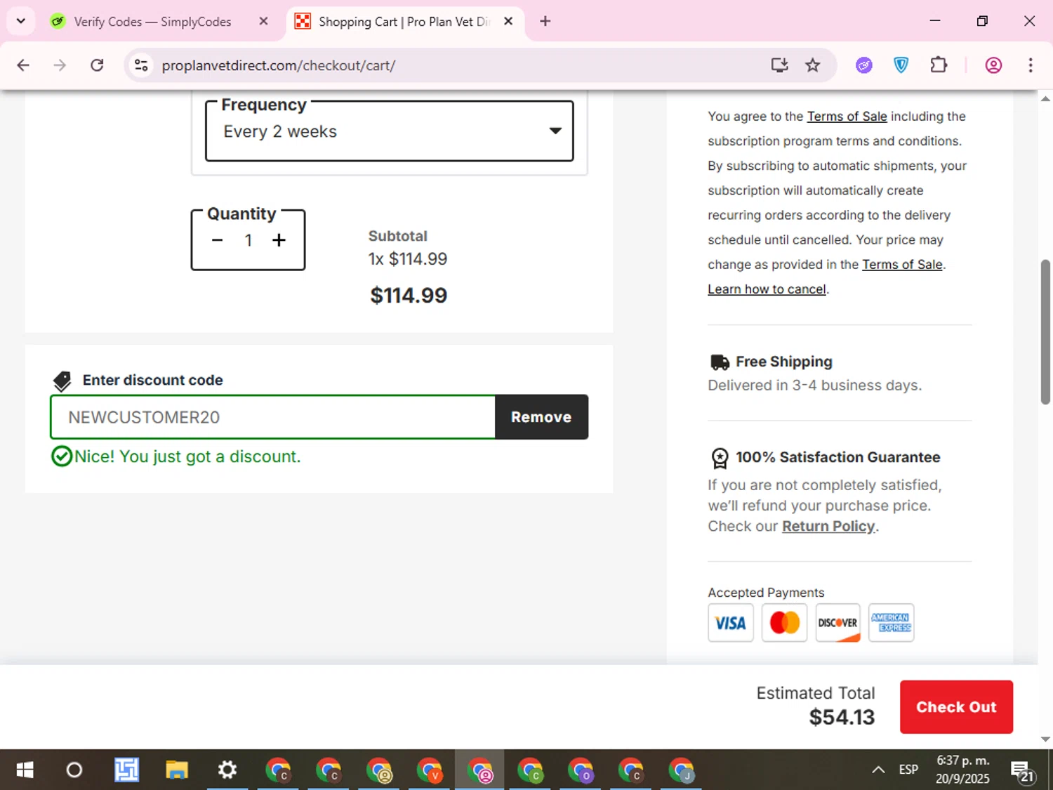 Pro Plan Vet Direct checkout page showing Pro Plan Vet Direct promo code box | Screenshot taken by SimplyCodes community member on Sep 20, 2025