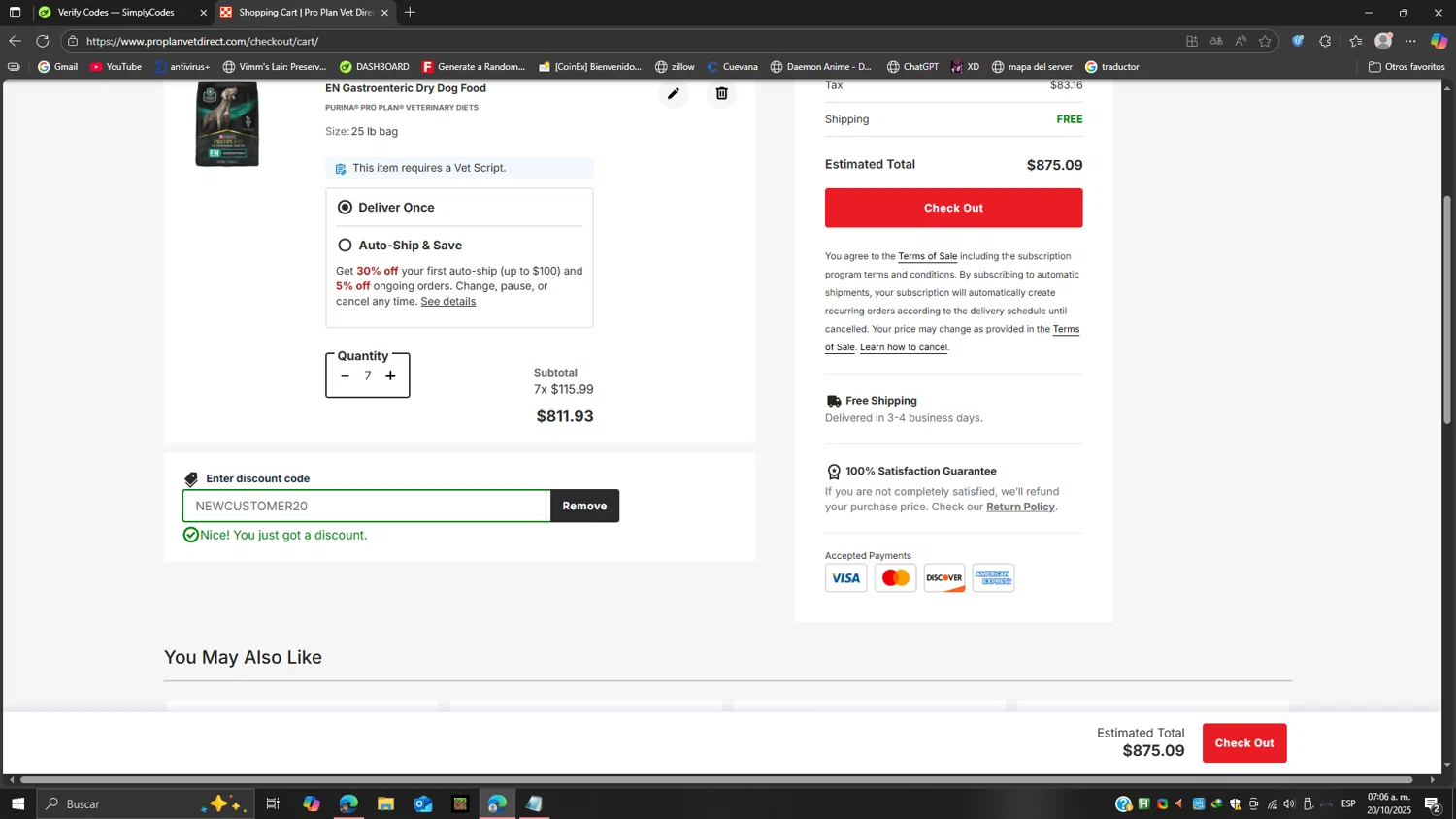 Pro Plan Vet Direct promo code screenshot showing code NEWCUSTOMER20 applied at Pro Plan Vet Direct checkout page. Uploaded by SimplyCodes community member Ricardoanavas on Oct 20, 2025