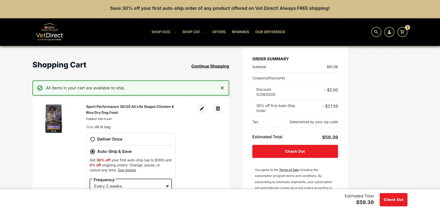 Pro Plan Vet Direct promo code screenshot showing code LOW2025 applied at Pro Plan Vet Direct checkout page. Uploaded by SimplyCodes community member Dorothy on Apr 6, 2025