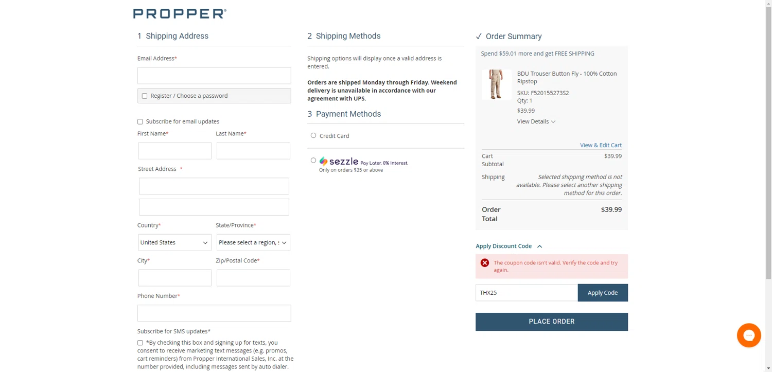 Propper discount code screenshot showing code THX25 applied at Propper checkout page. Uploaded by SimplyCodes community member BrilliantRanger9984 on Jul 16, 2025