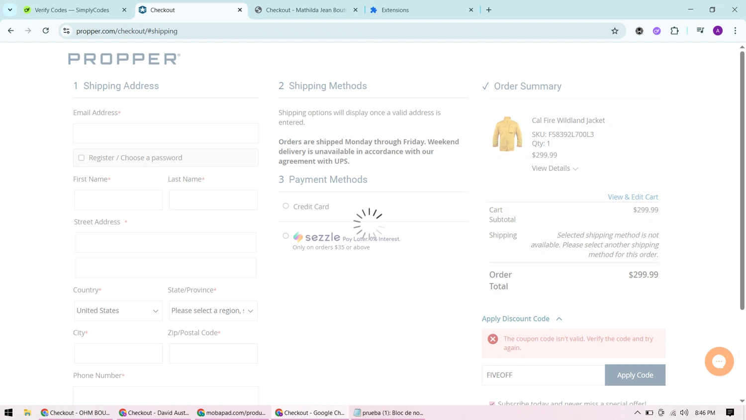 Propper discount code screenshot showing code FIVEOFF applied at Propper checkout page. Uploaded by SimplyCodes community member CashChaser7272 on Oct 6, 2025