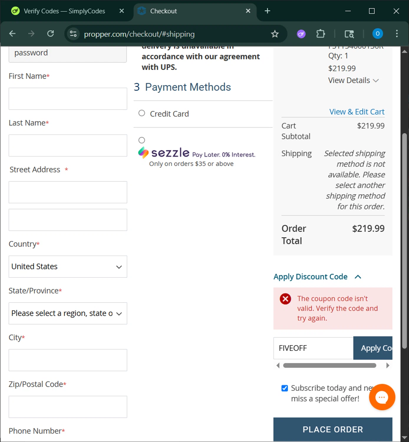 Propper discount code screenshot showing code FIVEOFF applied at Propper checkout page. Uploaded by SimplyCodes community member GoldChaser6627 on Oct 6, 2025