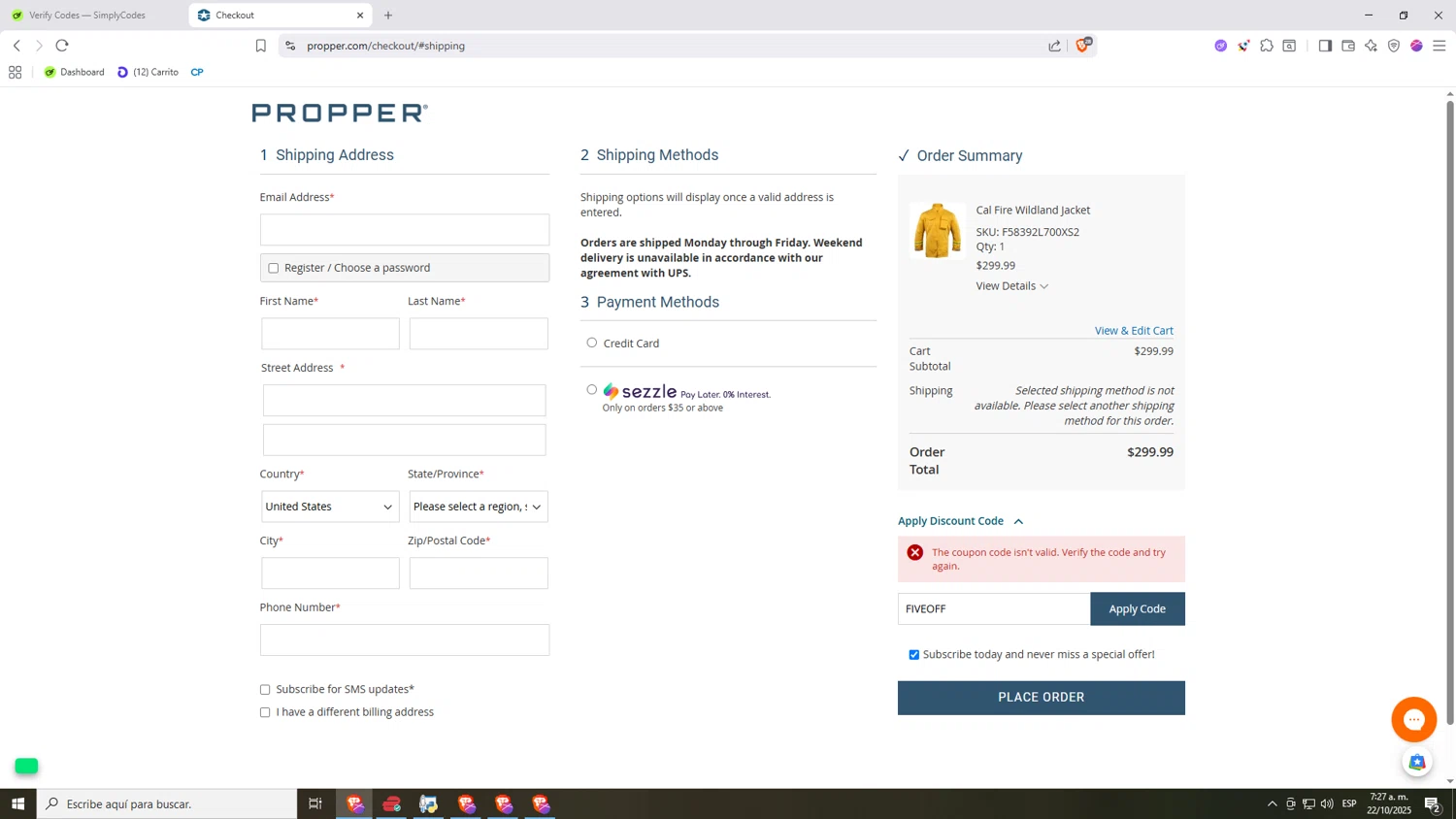 Propper discount code screenshot showing code FIVEOFF applied at Propper checkout page. Uploaded by SimplyCodes community member Nezukooo on Oct 22, 2025