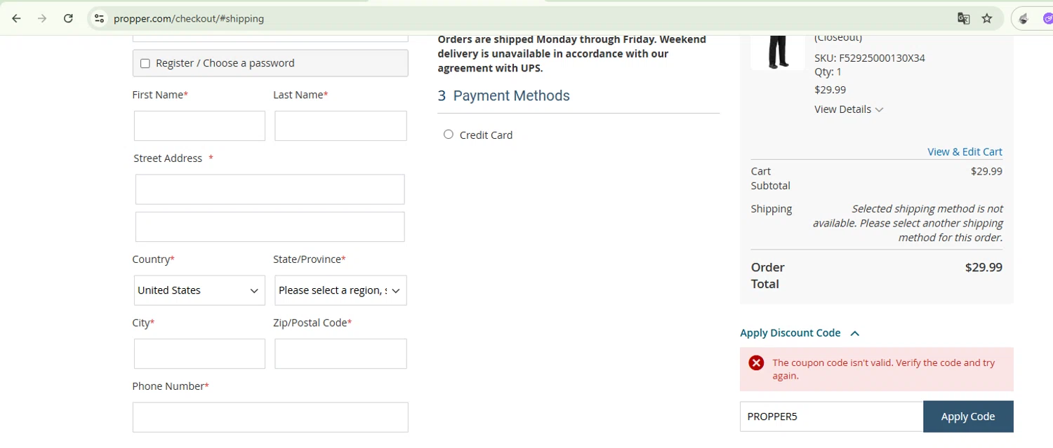 Propper discount code screenshot showing code PROPPER5 applied at Propper checkout page. Uploaded by SimplyCodes community member VictoriousPilot5369 on Oct 24, 2025