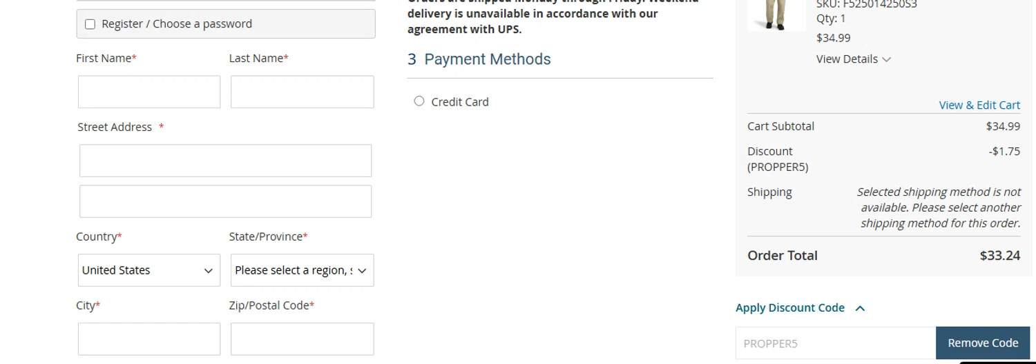 Propper discount code screenshot showing code PROPPER5 applied at Propper checkout page. Uploaded by SimplyCodes community member mora_2301 on Nov 6, 2025