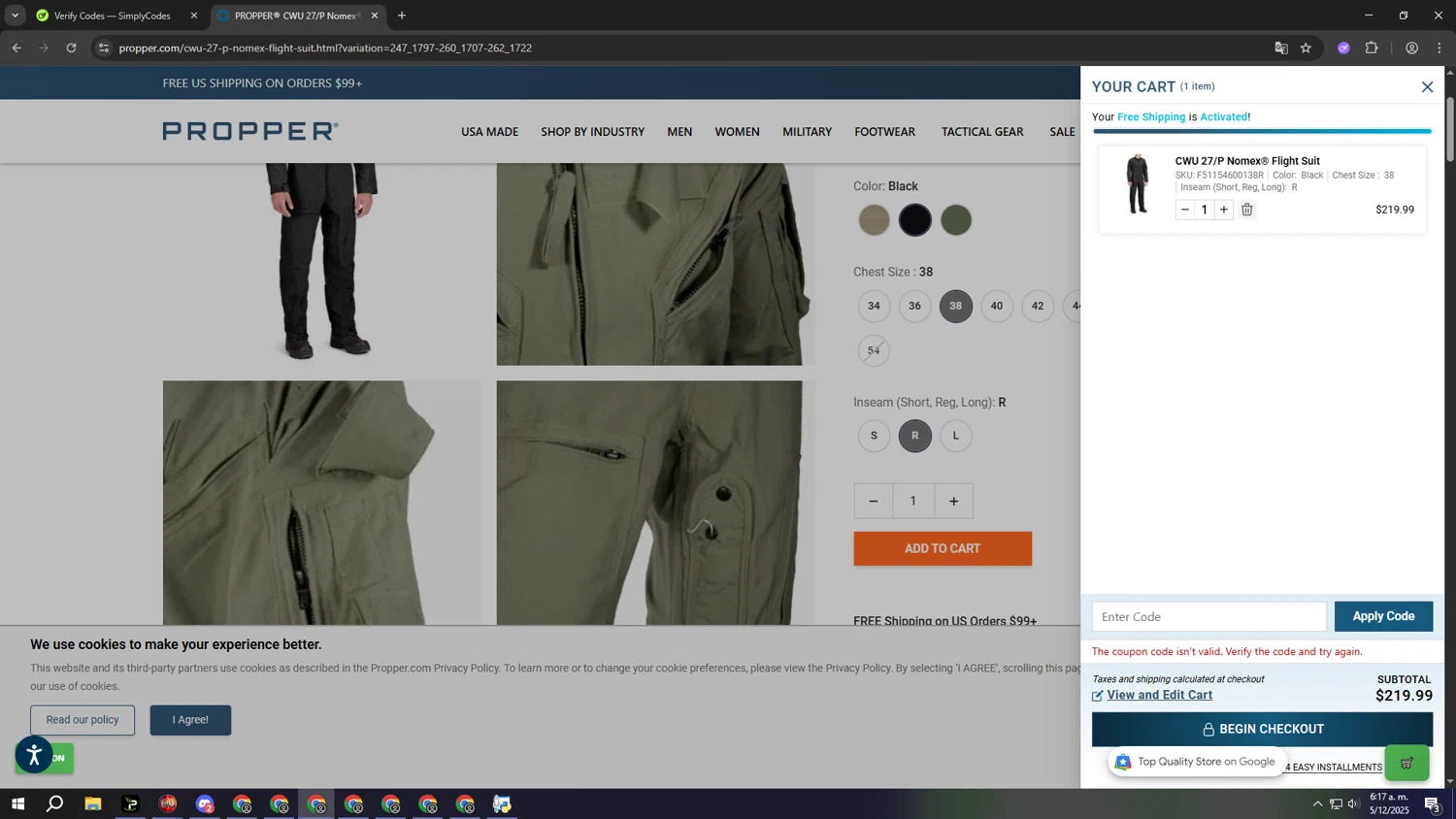 Propper discount code screenshot showing code PROPPER5 applied at Propper checkout page. Uploaded by SimplyCodes community member sssssssssssssssssssssssss on Dec 5, 2025