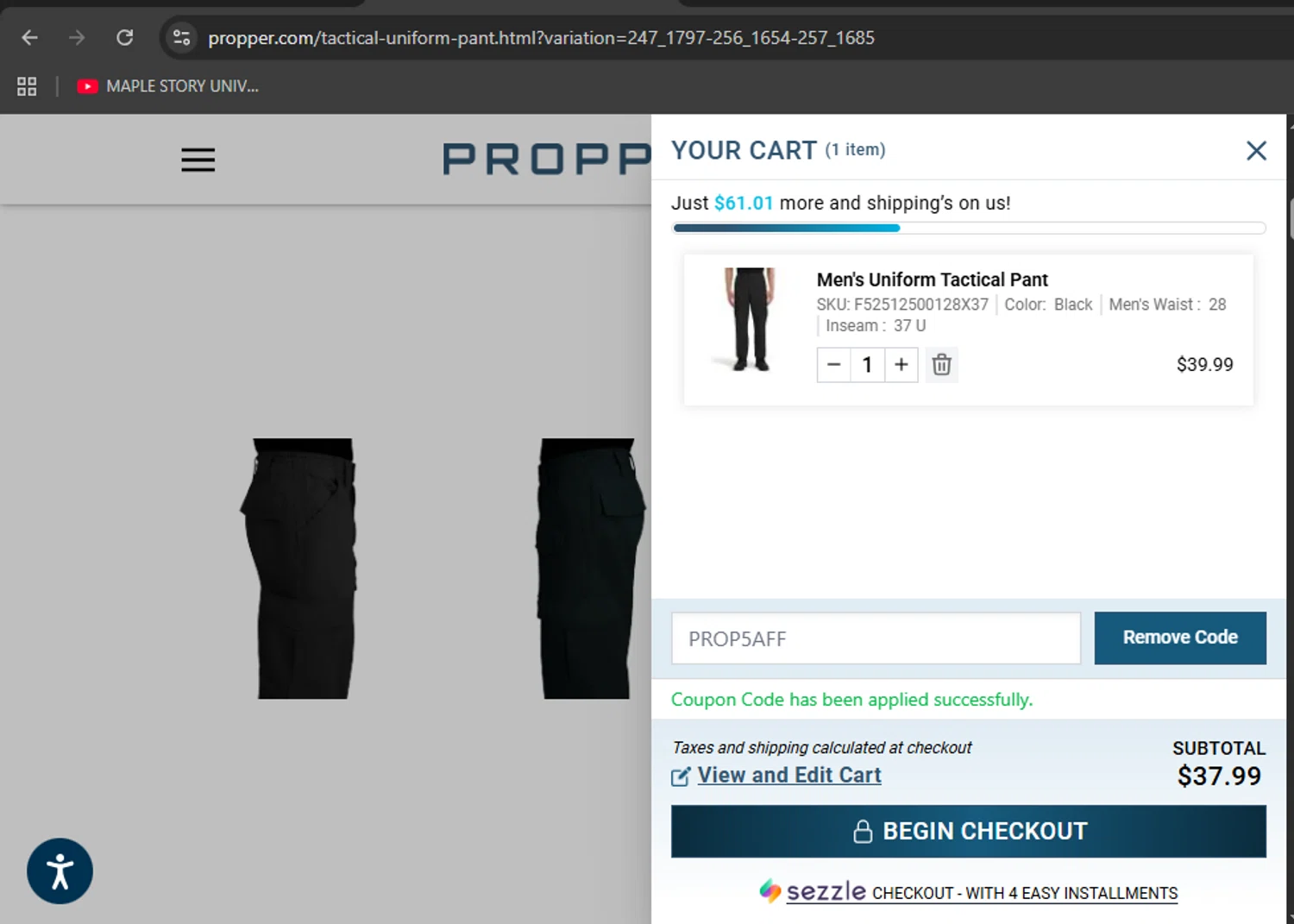 Propper discount code screenshot showing code PROP5AFF applied at Propper checkout page. Uploaded by SimplyCodes community member BudgetTiger2988 on Oct 22, 2025