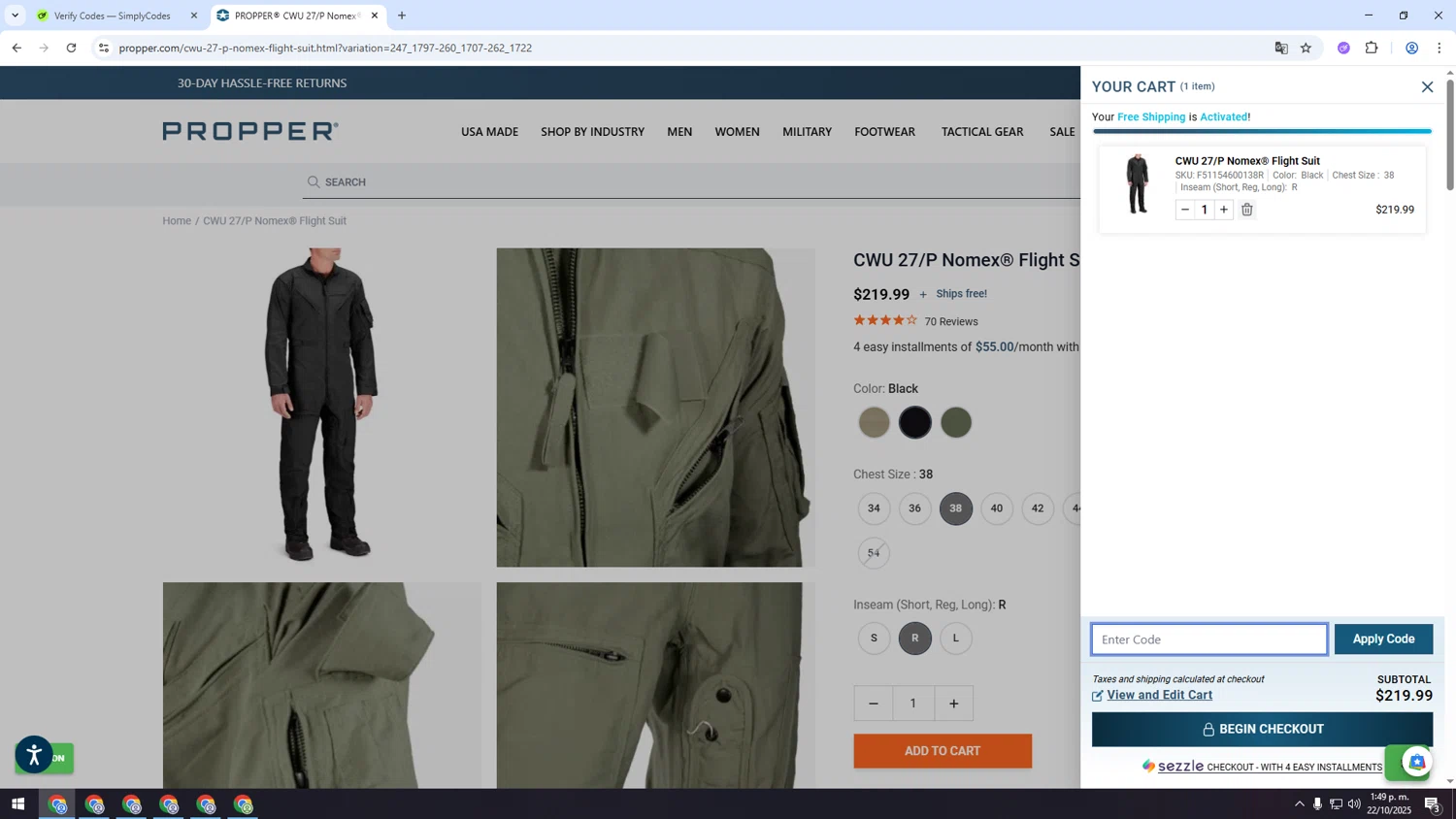 Propper discount code screenshot showing code PROP5AFF applied at Propper checkout page. Uploaded by SimplyCodes community member INSECTOS on Oct 22, 2025