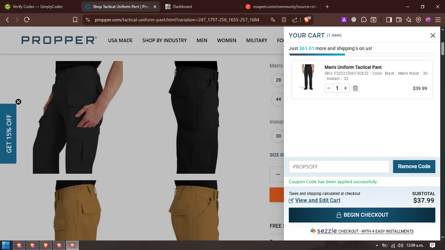 Propper discount code screenshot showing code PROP5OFF applied at Propper checkout page. Uploaded by SimplyCodes community member Simplycodes_ on Sep 5, 2025